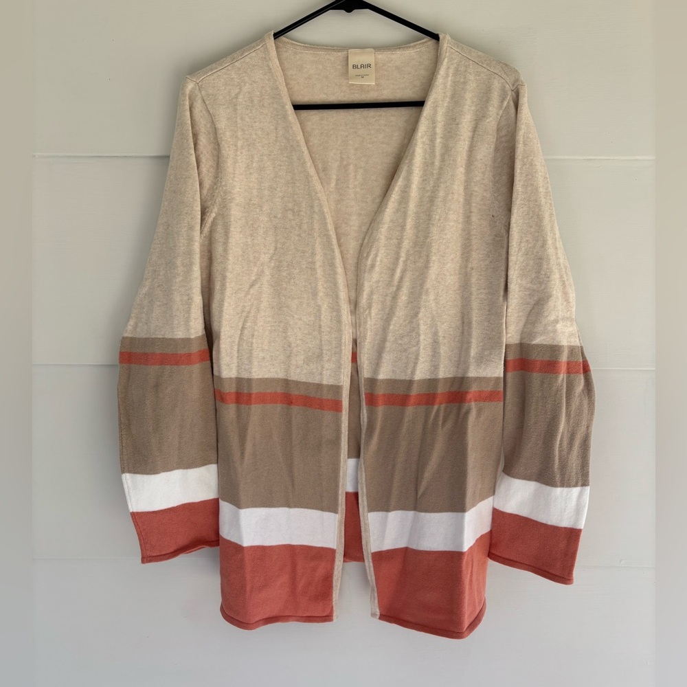 Blair Women’s Cardigan Sweater Top Medium Colorblock Tan White Coral Long Sleeve